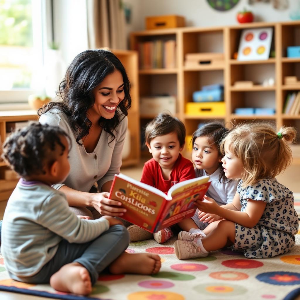 Teacher reading a storybook to a group of children at Pikin Dem Academy